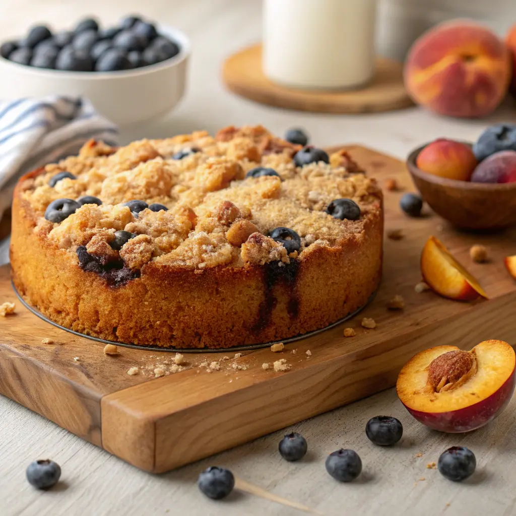 Freshly baked blueberry peach crumb cake with golden crumb topping.