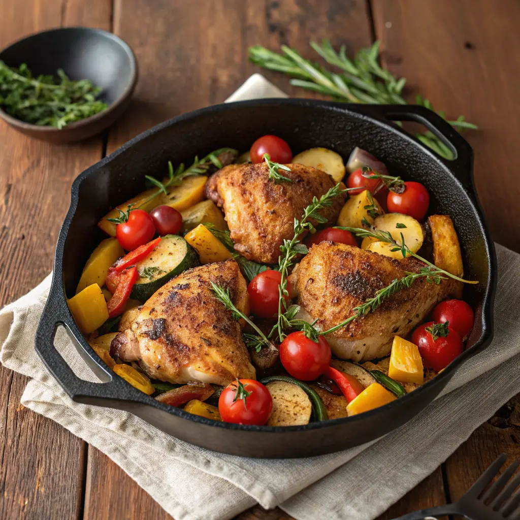 Herbed chicken and vegetables skillet in a cast iron pan