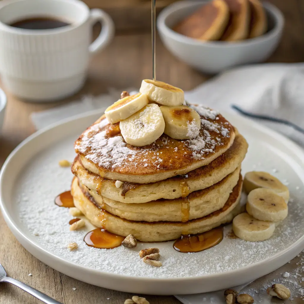 Fluffy banana pancakes with maple syrup and banana slices