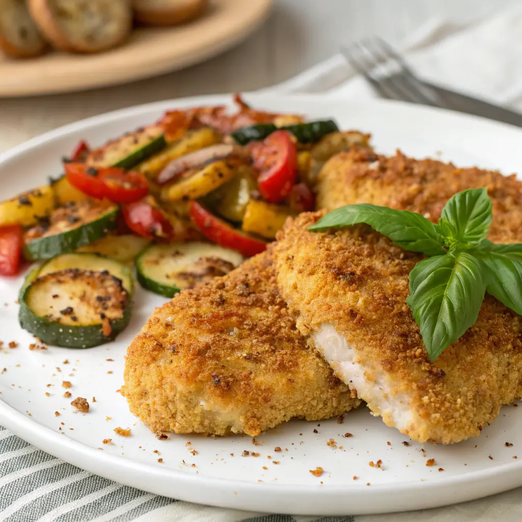 Crispy baked chicken cutlets served with roasted vegetables.