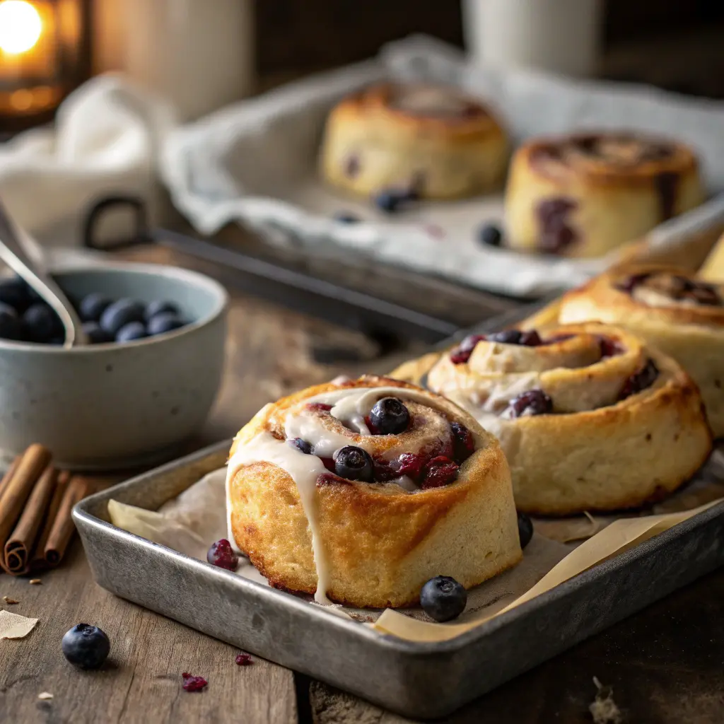 Freshly baked blueberry cinnamon rolls with glaze