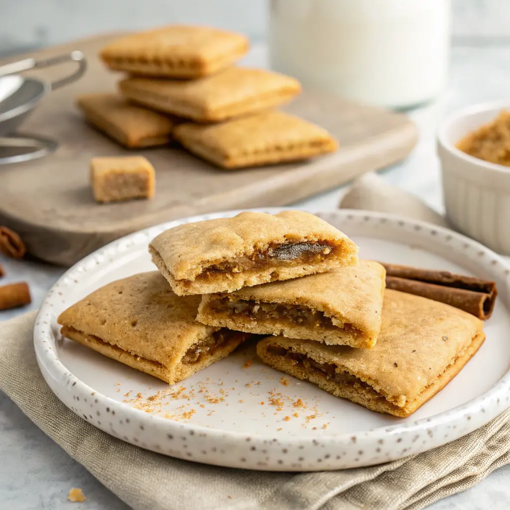 Brown sugar Pop-Tart cookies stacked on a plate.