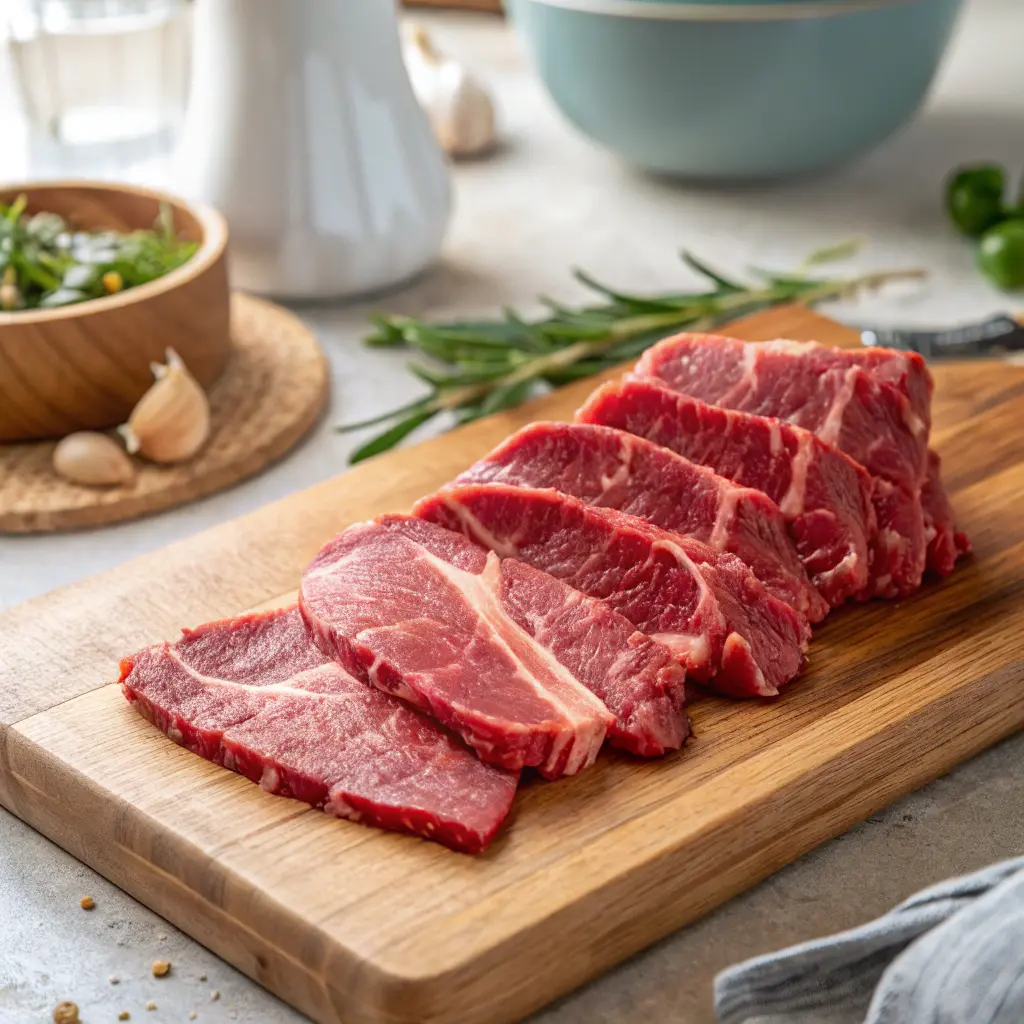 Thinly sliced shaved beef on a wooden cutting board.