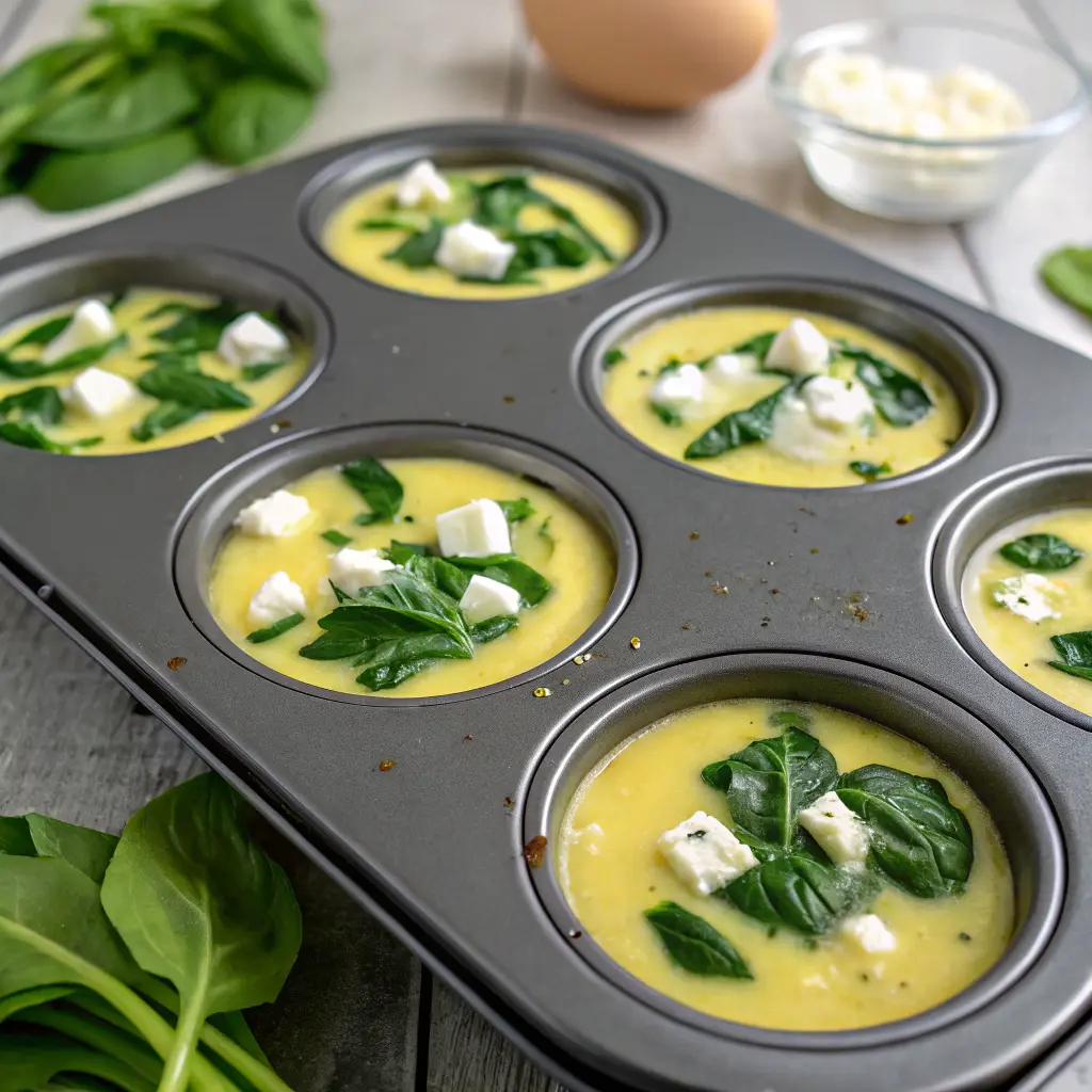 egg-mixture-spinach-feta-muffin-tin Egg mixture with spinach and feta in a muffin tin before baking.