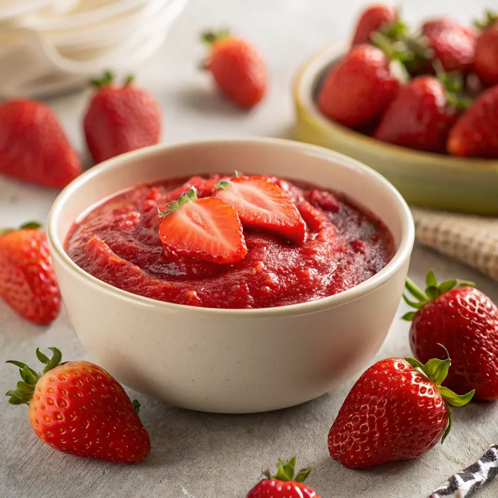 Bowl of fresh strawberry puree with strawberries around it.