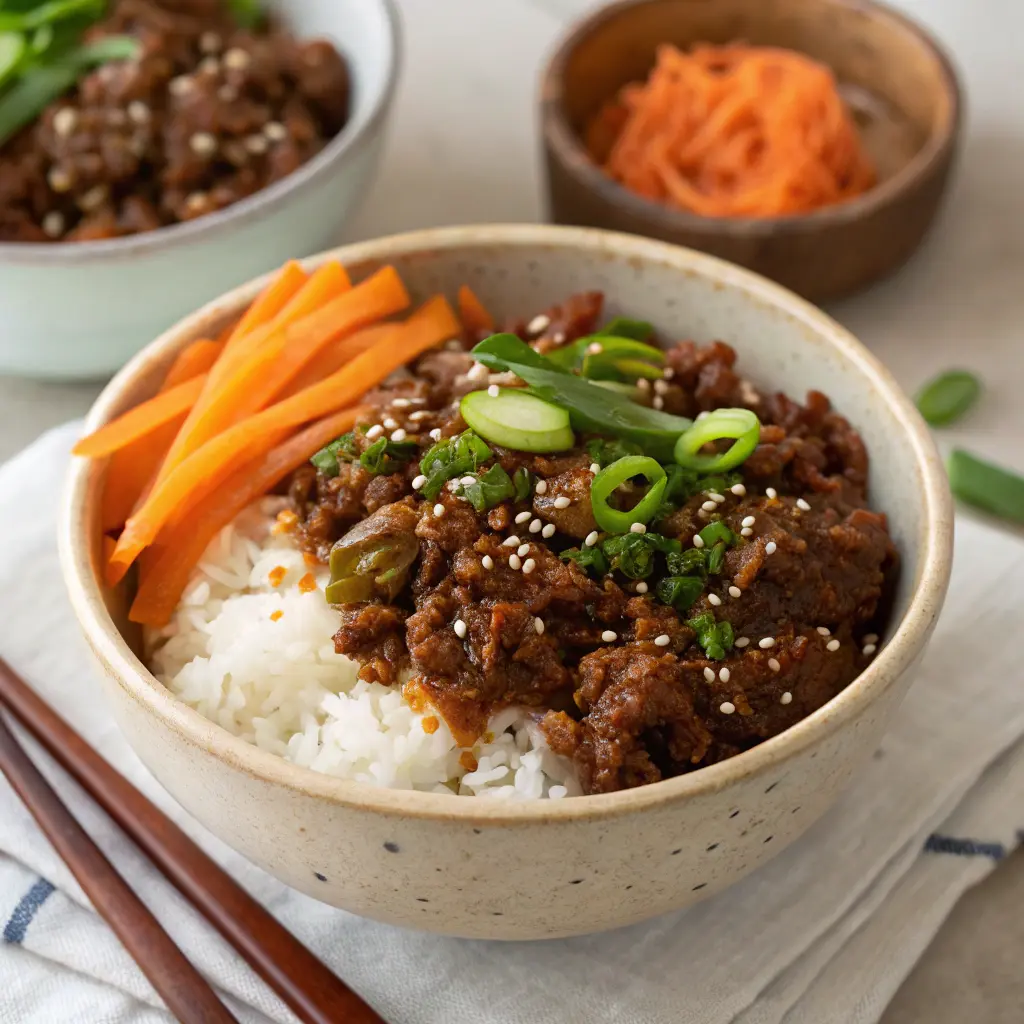 Korean ground beef bowl with rice, sesame seeds, and kimchi