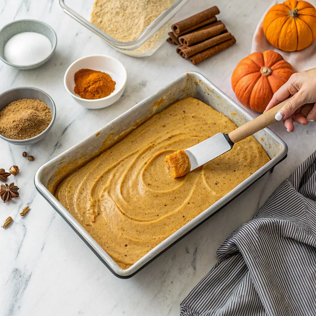 Spreading pumpkin roll batter in a jelly roll pan.