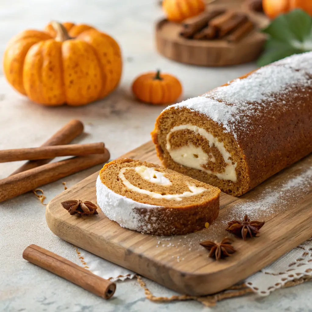 A sliced brown sugar pumpkin roll with cream cheese filling.