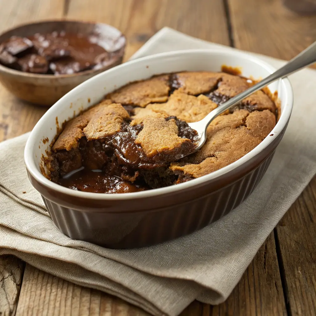 Freshly baked chocolate cobbler with a crispy top and gooey chocolate filling.