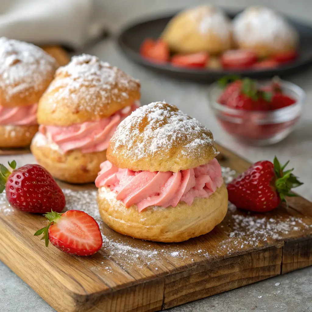 Fresh homemade strawberry cream puffs dusted with powdered sugar.