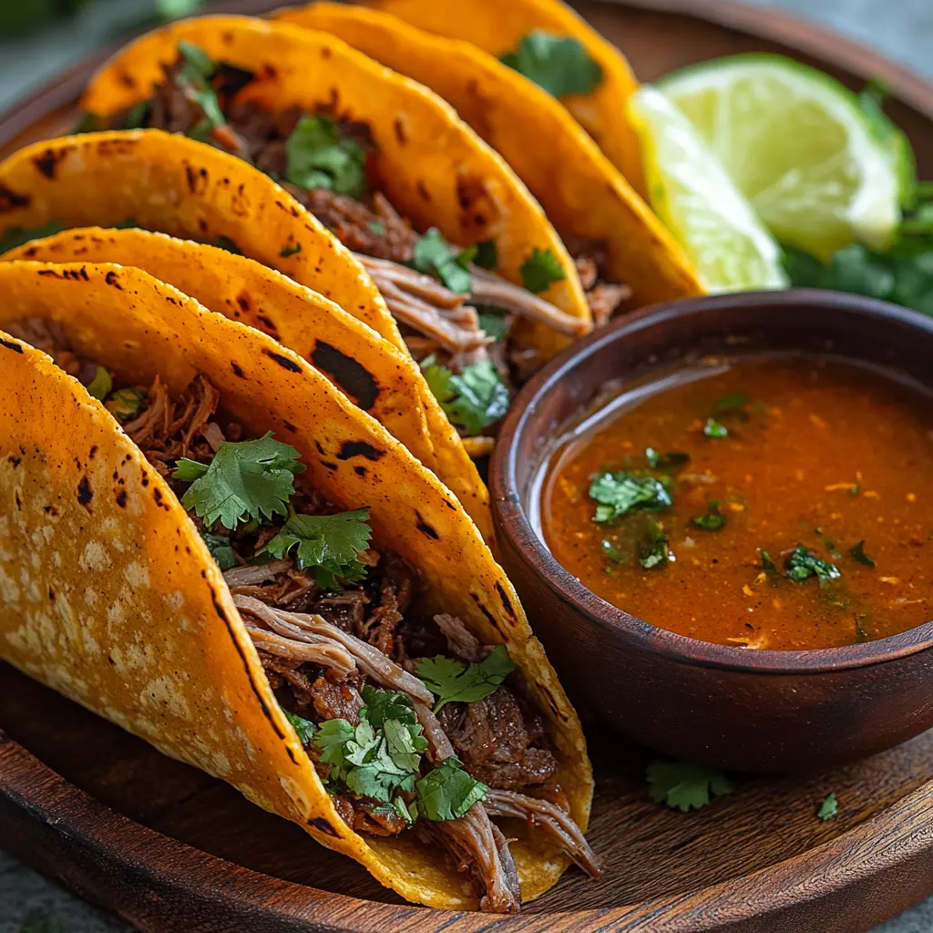 birria tacos recipe with crispy red tortillas and consomé