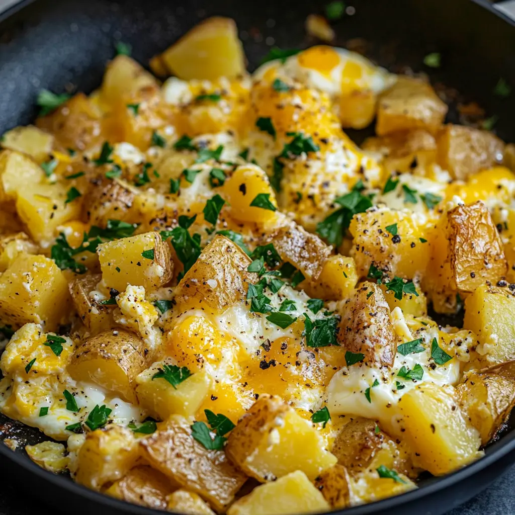 Cheesy potato egg scramble with melted cheese and crispy potatoes.