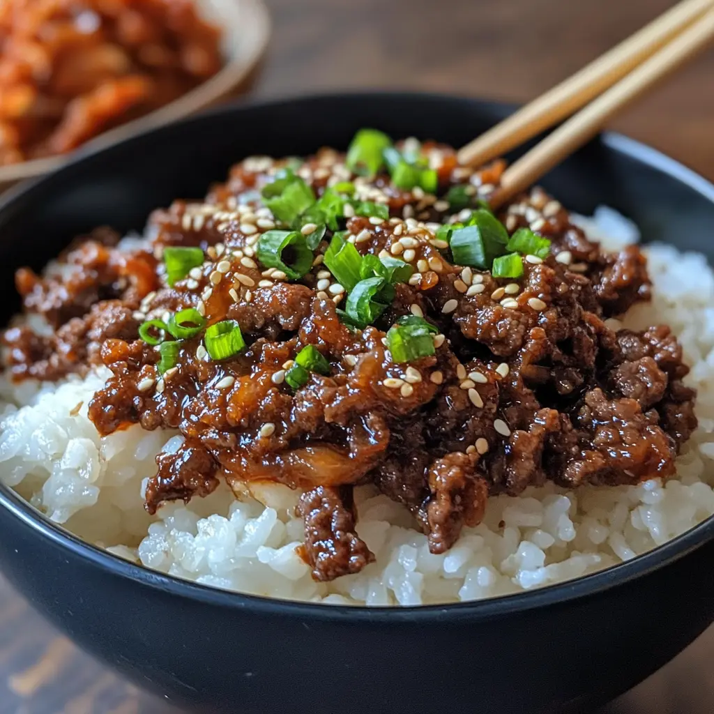 Korean ground beef bowl with sesame seeds and green onions