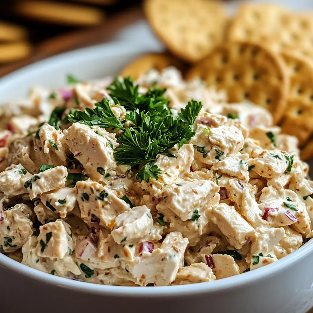 Fresh homemade canned chicken salad with parsley garnish.