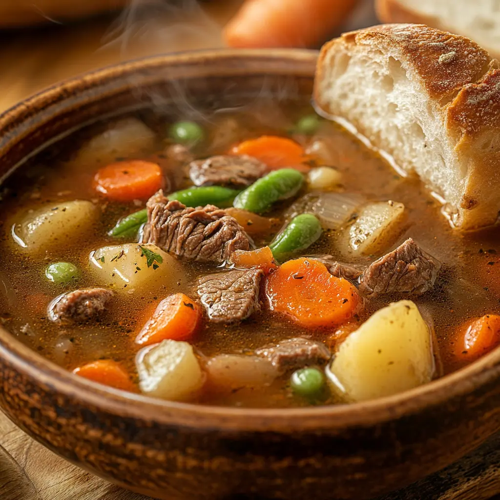 A hearty bowl of old fashioned vegetable beef soup with fresh vegetables and tender