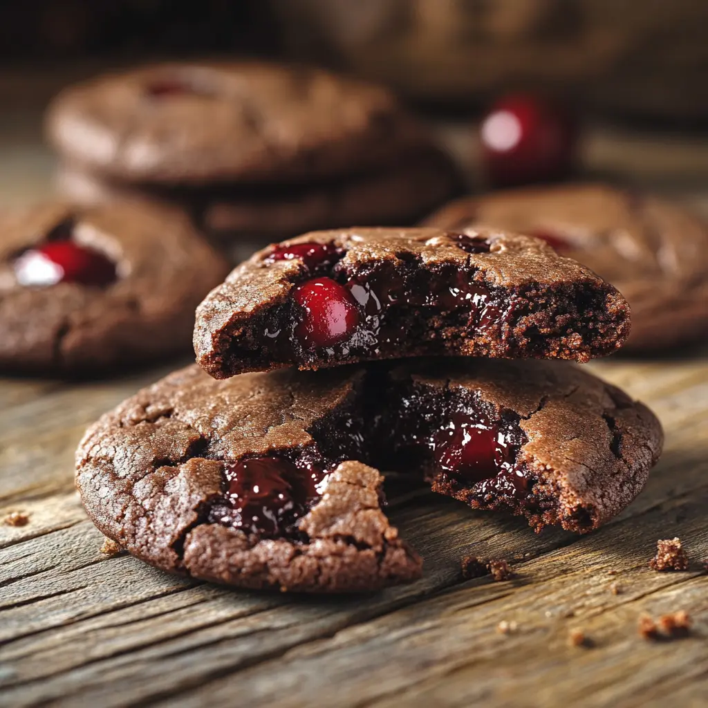 chewy chocolate cherry cookies fresh from oven with gooey chocolate
