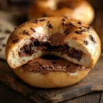 fresh homemade chocolate chip bagel close up