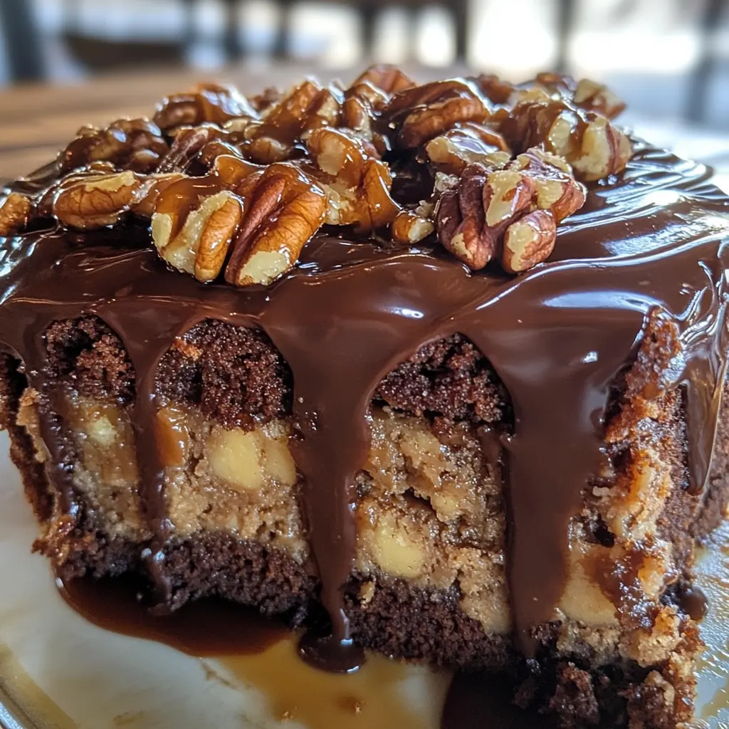 german chocolate poke cake close-up with caramel and pecan topping