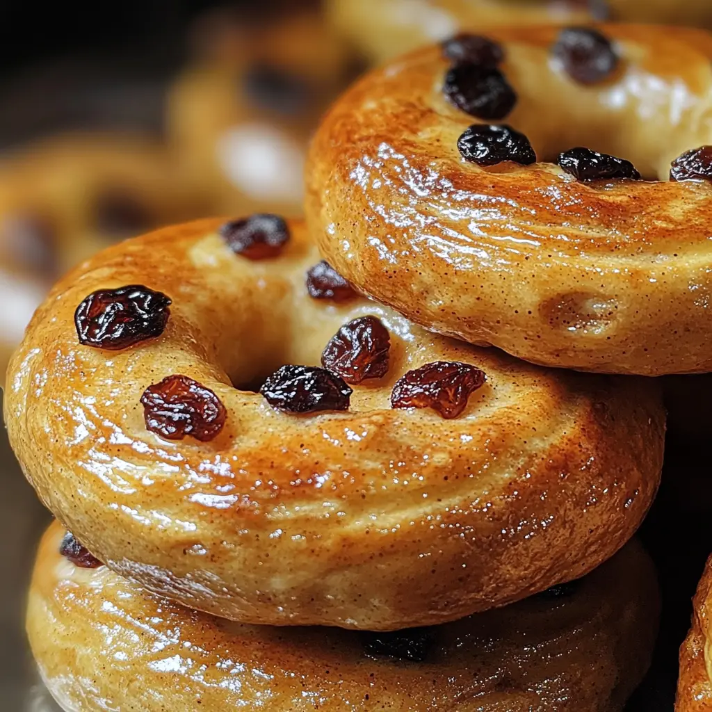 cinnamon raisin bagel fresh and golden stacked on wooden board