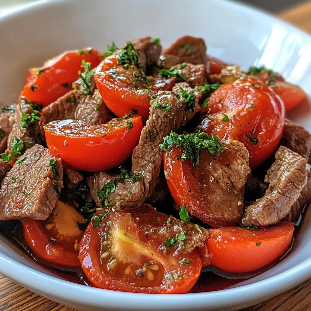 Plated beef tomato recipe served hot in a white bowl