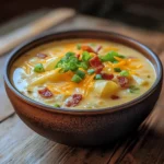 creamy outback potato soup topped with bacon and cheese