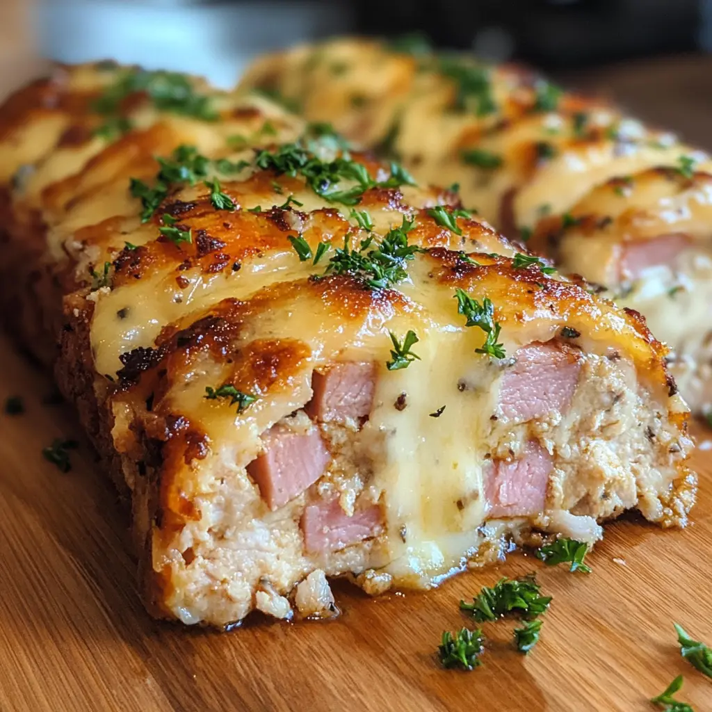 Chicken cordon bleu meatloaf with melted cheese and ham