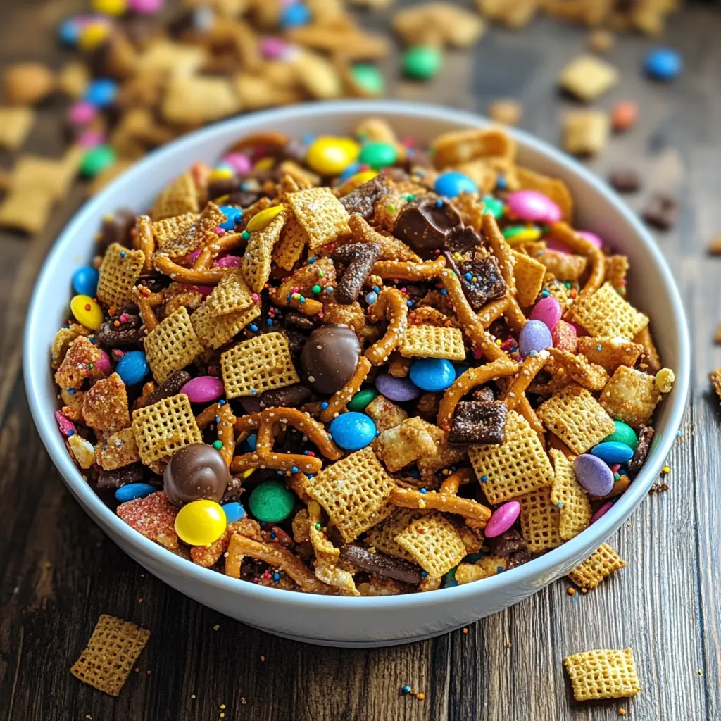 Sweet Chex Mix in a bowl with candy and pretzels