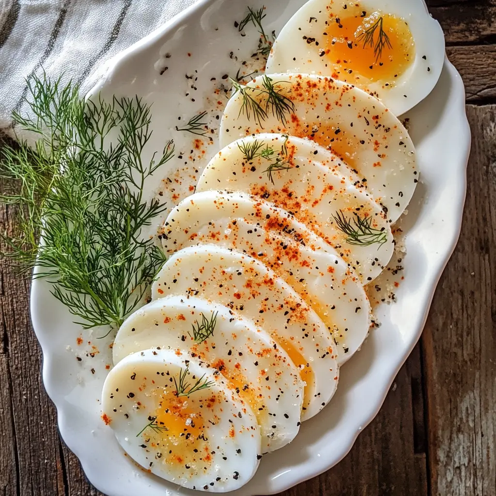 angel eggs recipe on a rustic white platter with paprika and dill