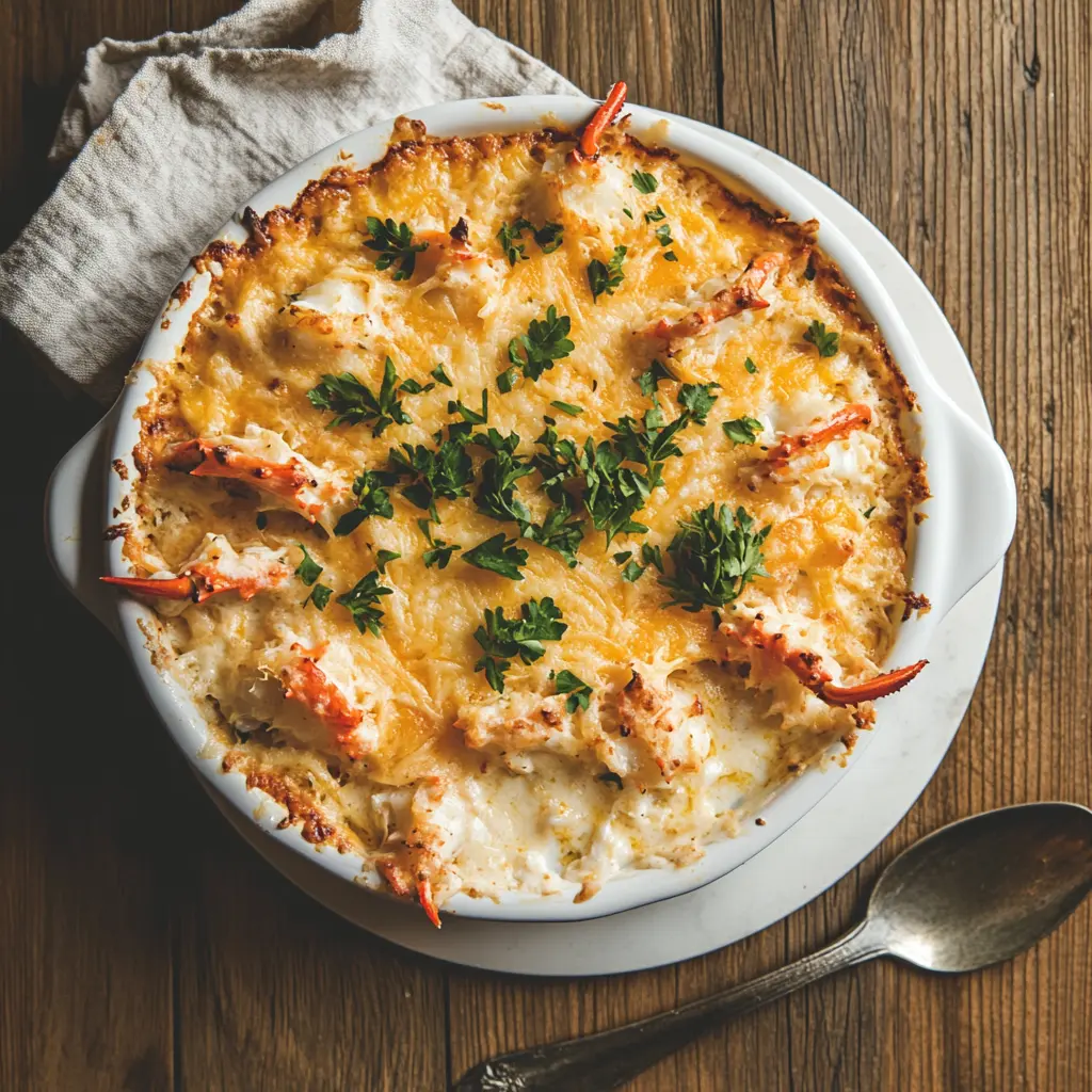 Creamy crab casserole recipe in a white baking dish